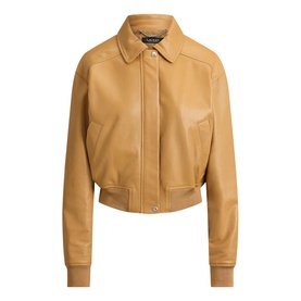 Lauren caramel leather bomber jacket with point collar, zip front, ribbed cuffs and hem