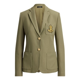 Lauren Light Agave blazer jacket with gold crest badge, notch lapel, two-button fastening and patch pockets