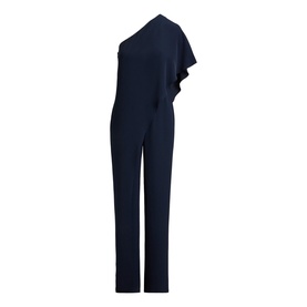 Lauren navy one-shoulder jumpsuit with draped ruffle sleeve and wide-leg trousers
