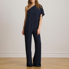 Model wearing Lauren navy one-shoulder jumpsuit with flutter sleeve and wide-leg trousers