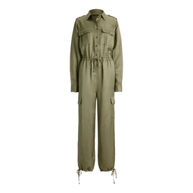 Lauren jumpsuit in Light Agave, long-sleeved with utility chest pockets, drawstring waist, cargo pockets and tapered leg with tie hem