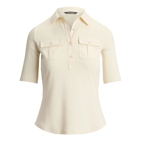 Lauren Mascarpone Cream knit polo top with short sleeves, button placket, and twin chest pockets