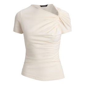 Lauren Mascarpone Cream short-sleeve top with asymmetric twist neckline and ruched bodice detail