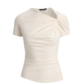 Lauren Mascarpone Cream short-sleeve top with asymmetric twist neckline and ruched bodice detail