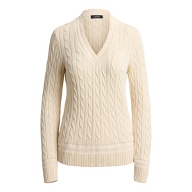 Lauren Mascarpone Cream cable-knit V-neck sweater with long sleeves and ribbed hem, shown flat