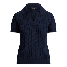 Lauren navy cable-knit short-sleeve polo jumper with V-notch open collar and ribbed hem