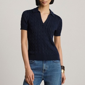 Model wearing Lauren navy cable-knit short-sleeve polo top with open collar, styled with blue jeans
