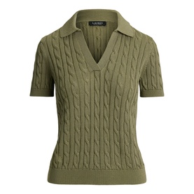 Lauren Light Agave cable-knit polo sweater with short sleeves and V-neck collar, no model