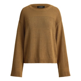 Lauren Tobacco Bronze ribbed-trim crew neck knit sweater with wide sleeves and relaxed boxy fit
