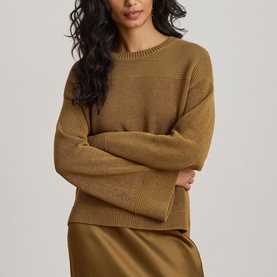 Model wearing Lauren Tobacco Bronze knit sweater with ribbed hem and cuffs, styled with matching midi skirt