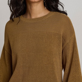 Model wearing Lauren Tobacco Bronze knit sweater with ribbed yoke detail and relaxed fit, paired with drop-shoulder sleeves