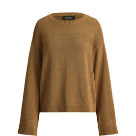 Lauren Tobacco Bronze ribbed-trim crew neck knit sweater with wide sleeves and relaxed boxy fit