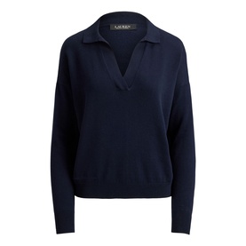 Lauren navy knit polo sweater with open V-neck collar and long sleeves, relaxed fit