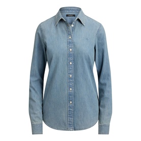 Lauren Alicia Wash denim shirt, long sleeves, button-front placket, point collar, embroidered logo chest detail