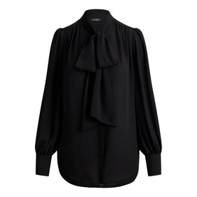 Lauren black long-sleeve blouse with self-tie pussy bow at neck, relaxed silhouette and buttoned cuffs