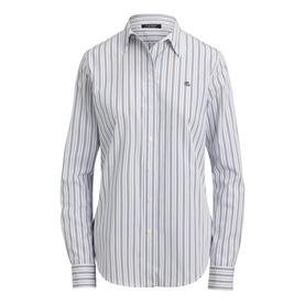Lauren blue multi stripe long-sleeve shirt with point collar and embroidered logo chest detail, worn as a ghost mannequin shot