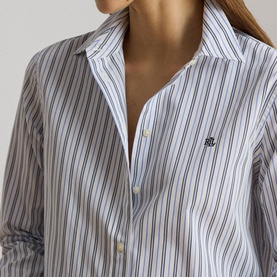 Model wearing Lauren blue multi striped shirt, close-up showing spread collar and embroidered logo detail on chest