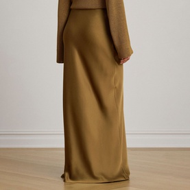 Model wearing Lauren Tobacco Bronze maxi skirt, rear view, styled with matching long-sleeve top