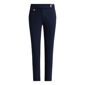 Lauren navy slim-leg trousers with gold-tone button waistband detail, cropped ankle length