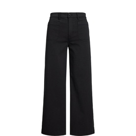Lauren black wide-leg trousers with high rise, clean front, and full-length cut