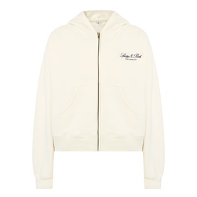 Sporty & Rich ecru zip-up cotton hoodie with script logo print and ribbed cuffs, front view