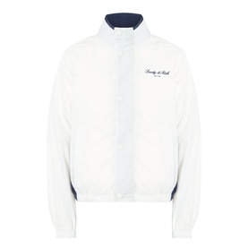 Sporty & Rich white and navy zip-up jacket with script logo on chest, stand collar and contrast navy trim detail