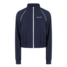 Sporty and Rich dark navy zip-through track jacket with white piping, ribbed cuffs and script logo to chest