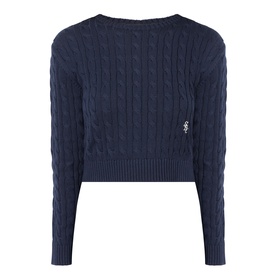 Sporty and Rich dark navy cable-knit cropped sweater with crew neck, long sleeves and small logo embroidery at hem