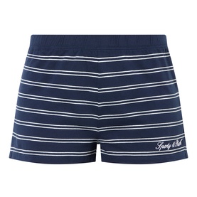 Sporty and Rich dark navy and white horizontal stripe shorts with elasticated waistband and embroidered script logo