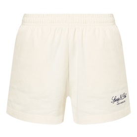Sporty and Rich ecru cotton shorts with elasticated waistband and navy script logo print to front