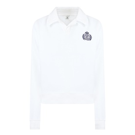 Sporty and Rich white polo-neck sweatshirt with navy embroidered crest badge and long sleeves