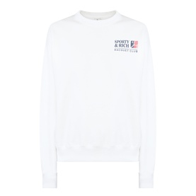 Sporty and Rich white crew neck sweatshirt with Racquet Club chest logo graphic, ribbed cuffs and hem
