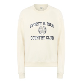 Sporty and Rich ecru cotton crew neck sweatshirt with navy Country Club logo graphic print to chest