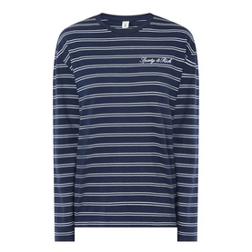 Sporty and Rich dark navy and white striped long-sleeve T-shirt with script logo embroidery at chest