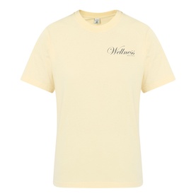 Sporty and Rich Almond Navy Wellness cotton T-shirt with script chest embroidery, crew neck, short sleeves