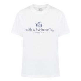 Sporty and Rich white cotton T-shirt with navy Health & Wellness Club crest graphic print at chest