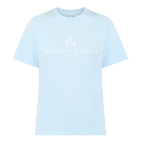 Sporty and Rich Health & Wellness Club T-Shirt in Ciel blue with white logo print, crew neck, short sleeves