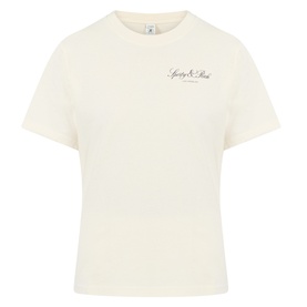 Sporty and Rich ecru cotton T-shirt with crew neck, short sleeves, and signature script logo print on chest