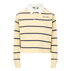 Sporty and Rich almond navy striped cotton rugby polo top with white collar and zip placket, cropped fit, long sleeves