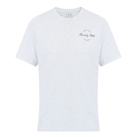 Sporty and Rich Heather Grey cotton T-shirt with Beverly Hills script logo print on chest, crew neck, short sleeves