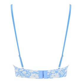 Stripe & Stare Cornflower Petals bralette, back view showing adjustable blue straps and floral lace detail on band