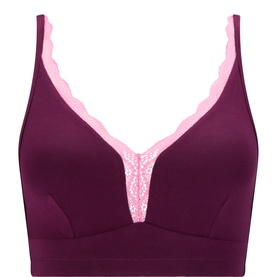 Stripe & Stare Black Cherry/Pink Pop Bralette with scalloped lace trim at neckline and straps, smooth modal cups