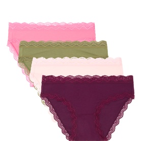 Stripe & Stare Four-Pack High Leg Briefs in Black Cherry, Pale Pink, Pink Pop and Olive with scalloped lace trim waistband
