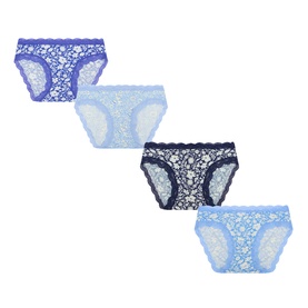 Stripe & Stare Cornflower Petals Brief 4-pack in blue tones with floral lace overlay, shown flat in graduating shades