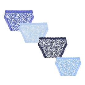 Stripe & Stare Cornflower Petals Briefs 4-pack in blue floral and lace prints with scalloped lace trim edges