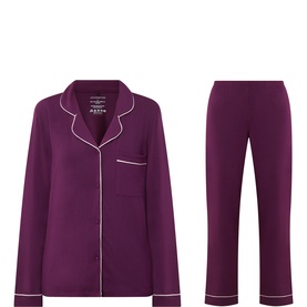 Stripe & Stare Black Cherry Ricrac modal pyjama set with white piped lapel collar, breast pocket, and straight-leg trousers