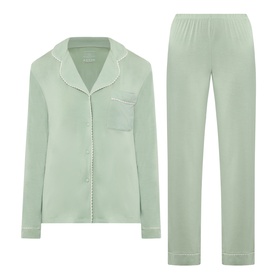 Stripe & Stare Classic Scallop Trim Pyjama Set in Eucalyptus Pastels, long-sleeve button shirt and straight-leg trousers with white scalloped trim