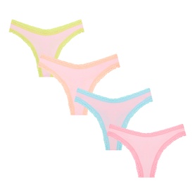 Stripe & Stare Neon Kiss Thong 4-pack in pink with contrast neon yellow, peach, and blue trim edges, laid flat.