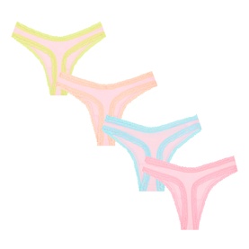 Stripe & Stare Neon Kiss Thongs four-pack in pastel yellow, pink, blue and pink with contrast stripe waistbands