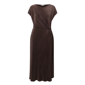 Vince Diagonal Pleated Twist Dress in brown, slash neckline, cap sleeves, twist waist detail, midi length, pleated skirt structure